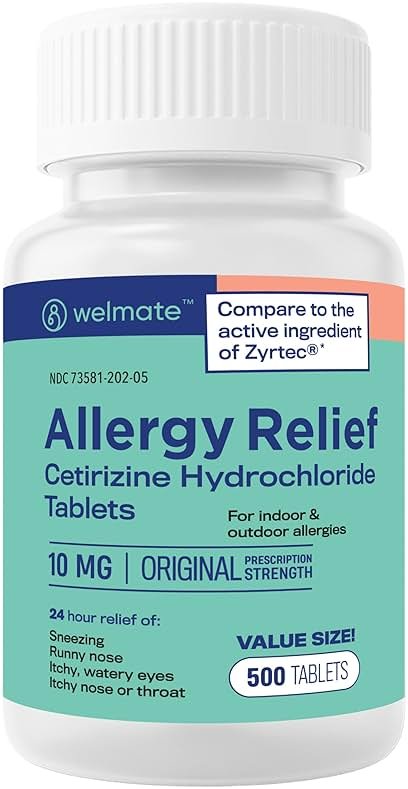 WELMATE - Allergy Relief (500 Tablets) Cetirizine Hydrochloride 10mg - 24 Hours - Non Drowsy - Indoor & Outdoor Allergy Medicine - Antihistamine - Nose, Eyes & Throat - Over-the-Counter Medication - Product Image