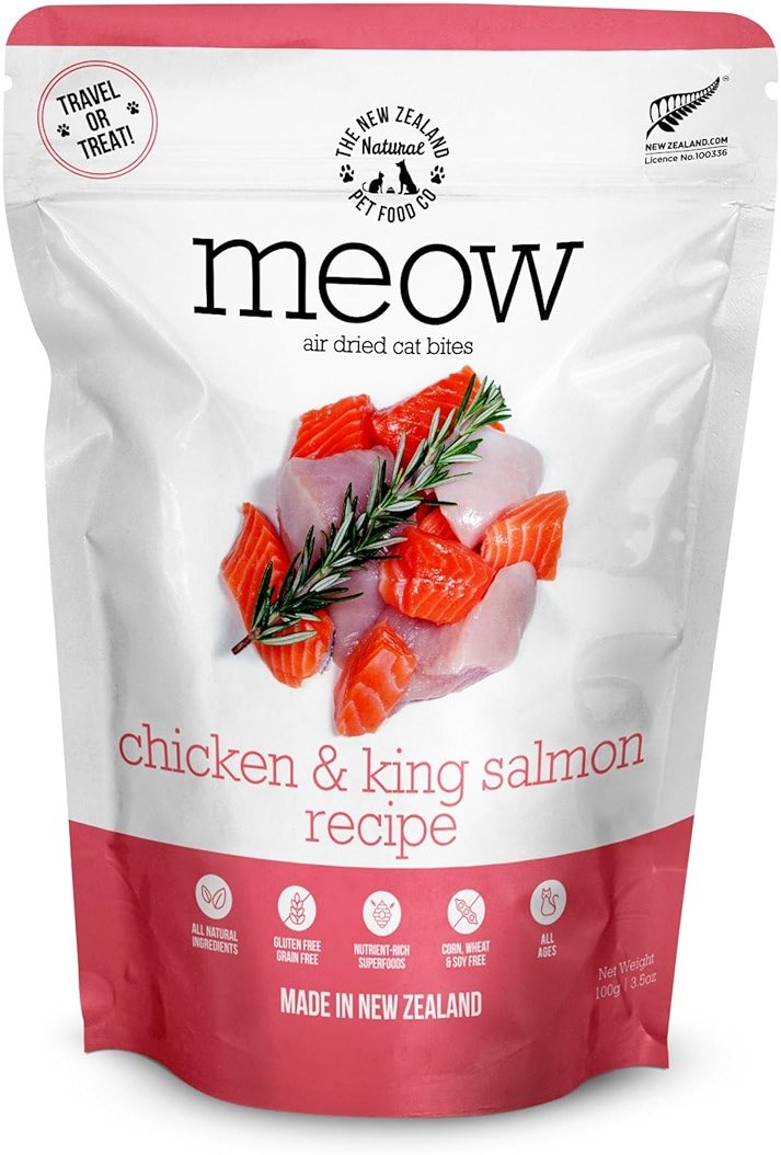 The New Zealand Natural Pet Food Co. Meow e - Chicken & King Salmon Recipe, Dry Cat Food Use as a Complete Diet, Topper, Mixer, or as Cat Training Treats, All Life Stages, 3.5 oz - Product Image