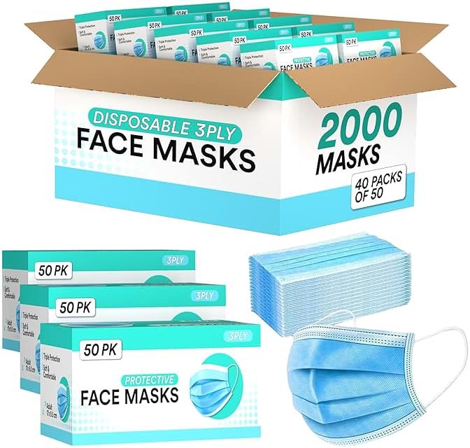 2000 Bulk Blue Disposable Face Masks Level 2 Non Woven Thick 3-Layers Breathable Facial Masks with Adjustable Earloop Mouth and Nose - Product Image