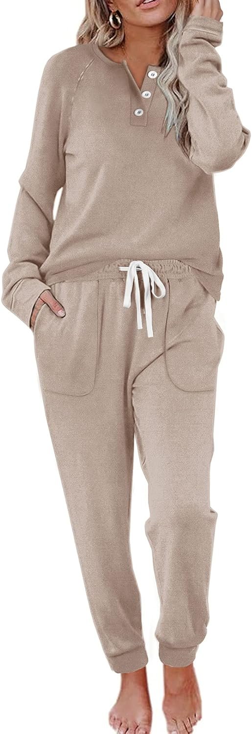 WIHOLL Two Piece Outfits for Women Lounge Sets Button Down Sweatshirt Sweatpants Sweatsuits Set with Pockets - Product Image