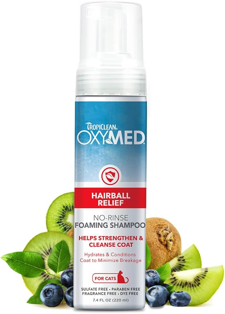 TropiClean Oxymed Waterless Cat Shampoo and Conditioner | A No-Rinse Cat Wash for Hairball Relief | 7.4 oz - Product Image