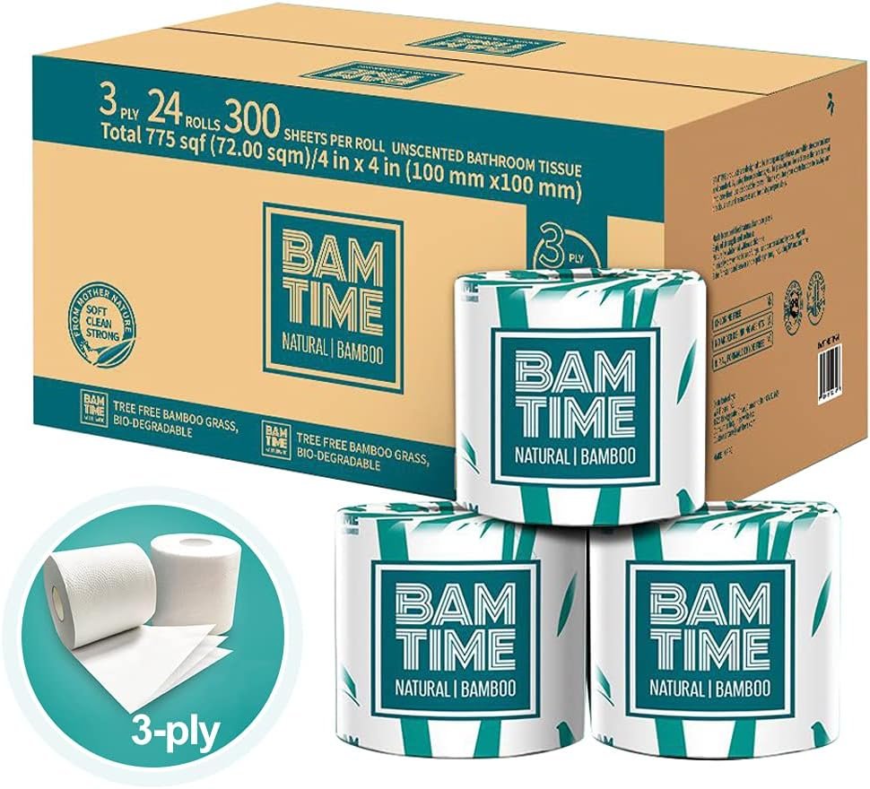 Toilet Paper, 100% 3ply Bamboo Toilet Paper, 24 Rolls, 300 sheets, 7200 Count, pack of 24, plastic free, Tree free, Biodegradable - Product Image