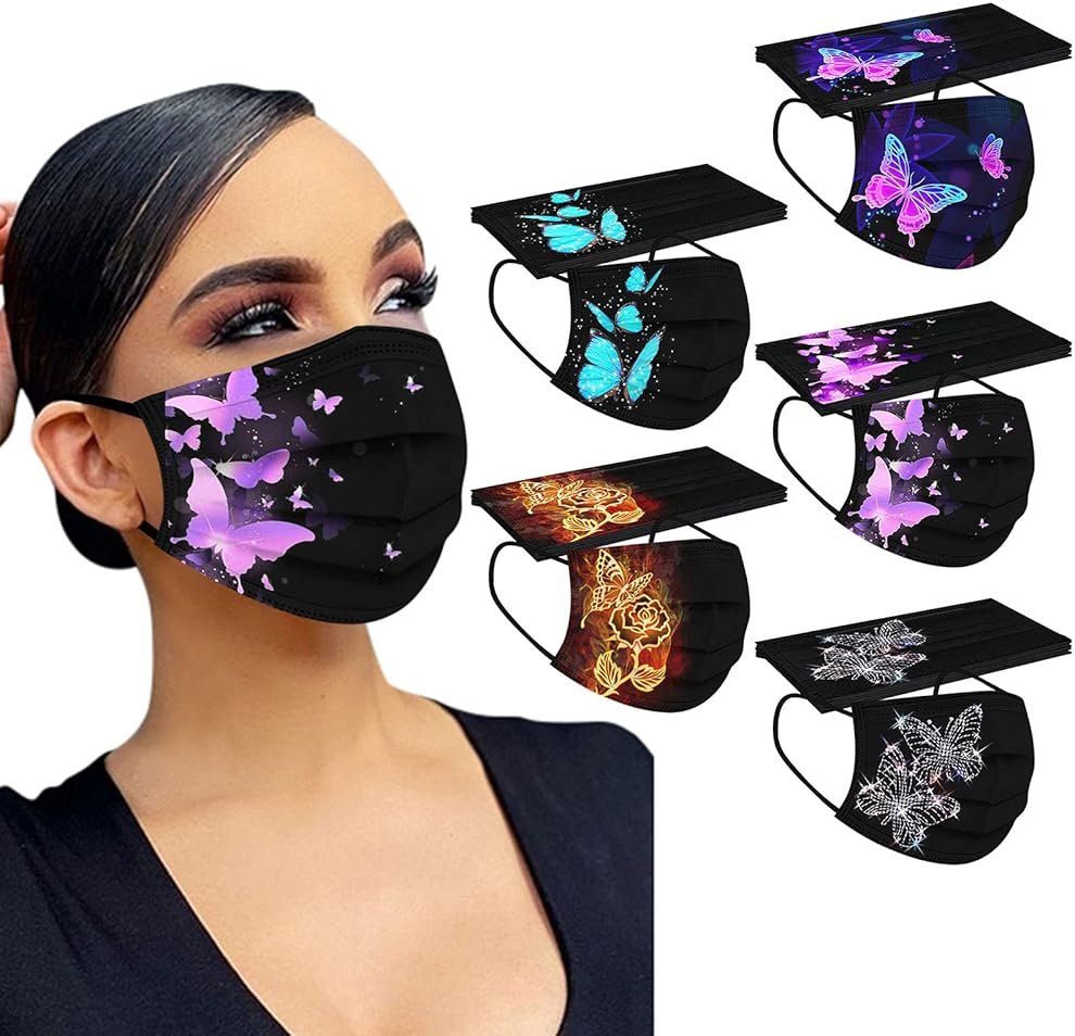 50 Pack Disposable Face Mask for Adult With Designs Cute Butterfly Printed Paper Masks Full Face Cover Protections - Product Image