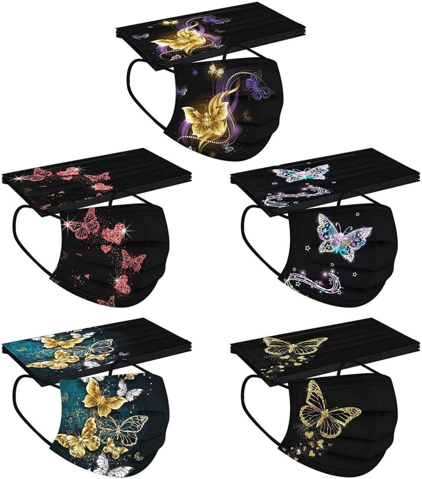 50 PCs Butterfly Disposable Face_Mask for Women,3 Ply Adults Black Butterfly_Mask With Floral Design Fashion Facemask Women Men - Product Image