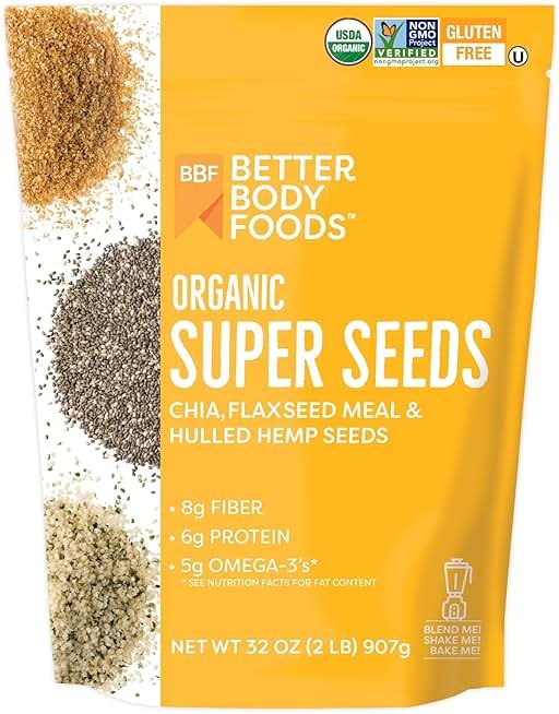 BetterBody Foods Superfood Organic Super Seeds - Chia Flax & Hemp Seeds, Blend of Organic Milled Flax Seed Organic Hemp Hearts, Add to Smoothies Shakes & More, 2lb, 32 oz - Product Image