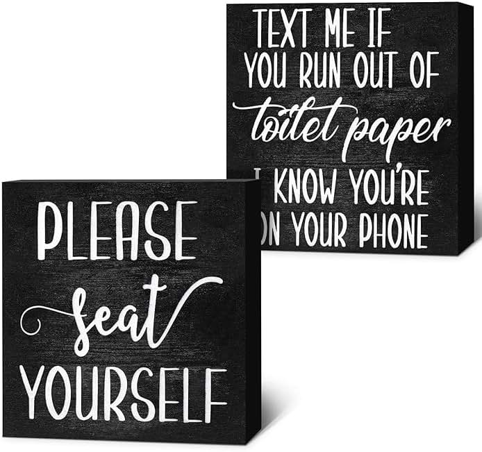 Jetec Set of 2 Farmhouse Bathroom Signs Decor Funny Rustic Wood Plaque Bathroom Wall Art Please Seat Yourself Wooden Toilet Signs for Home Restroom Shelves(Black) - Product Image
