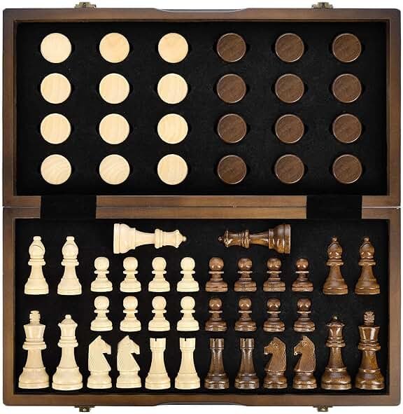 AMEROUS Magnetic Wooden Chess and Checkers Game Set, 15 Inches (2 in 1) Chess Board Games, 2 Extra Queens - Gift Package - Game Pieces Storage Slots, Beginner Chess Set for Kids, Adults - Product Image