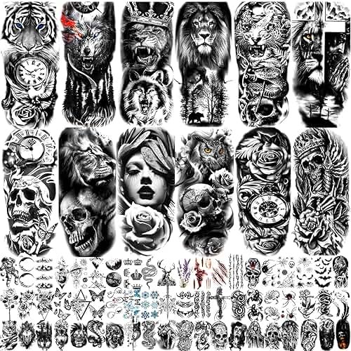 JEEFONNA 82 Sheets Temporary Tattoo for Men Women Adults, Include 12 Sheets Black 3D Half Sleeve Temporary Tattoos, Halloween Tattoos Scary Lion Wolf Tiger Skull Skeleton Tattoos Stickers - Product Image