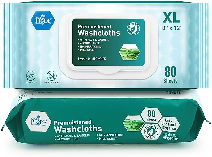 MED PRIDE Disposable XL Premoistened Washcloths 8” x 12” Pack of 80 - Adult Cloth Wipes For Sensitive Skin- Extra Soft Incontinence Wipes - Product Image