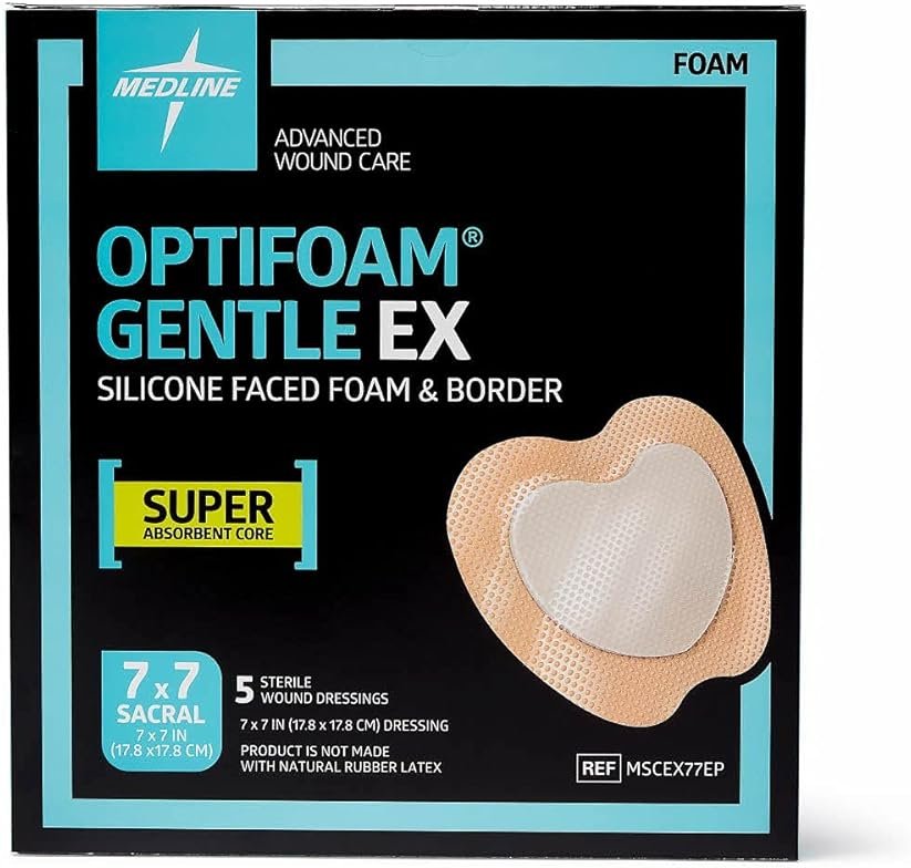 Medline Optifoam Gentle EX Bordered Foam Adhesive Dressing, 7" x 7" Sacral (5 Count) - Product Image