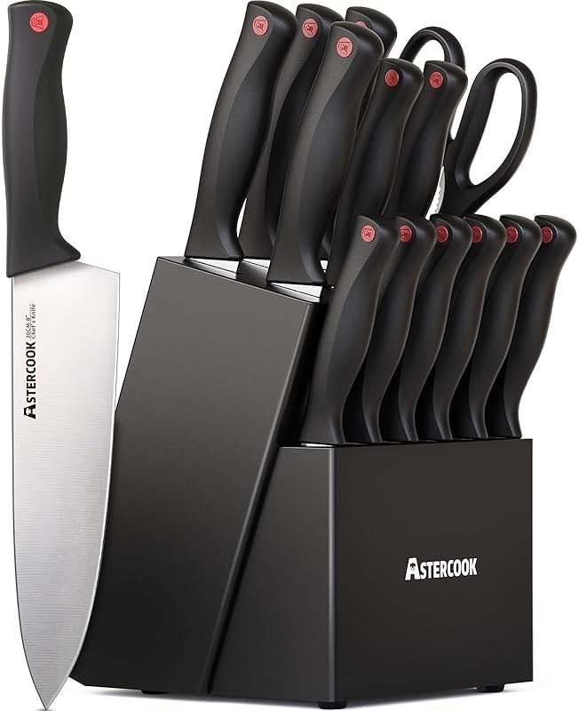 Astercook Knife Set, 15 Pieces Kitchen knives Set with Built-in Sharpener, High Carbon German Stainless Steel Chef Knife Block Sets, Sharp & Rust Resistant Dishwasher Safe, Black - Product Image
