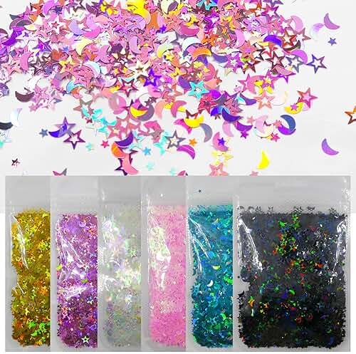 LoveOurHome 6 Colors Star Moon Chunky Glitter Flakes Resin Epoxy Accessories Holographic Black Blue Stars Glitters Confetti Crafts Sequins Decor for Nail Art/Slime/Makeup/Jewelry Making - Product Image