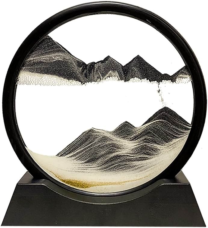 HYUGF Moving Sand Art Picture Decor, 3D Deep Sea Sandscape Liquid Motion, Round Glass Frame Display Flowing Sand Relaxing Gift for Kids Adults Home Office Work Desktop Decoration Toy (Black, 7") - Product Image