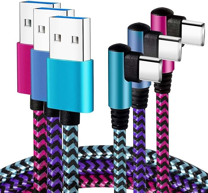 Teeind USB Type C Cable 2.1A Fast Charging: [90 Degree/6ft/3Pack] Nylon USB C Cord Right Angle Compatible with Samsung Galaxy S23/S22/9/Note 10, USB C Charger-Blue/Magenta/Purple - Product Image