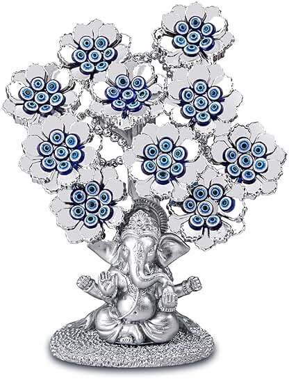 Evil Eye Flowers Lucky Tree with Silver Ganesha Hindu Elephant God Statue Home Office Feng Shui Protection Ornament Blessing Gift - Product Image