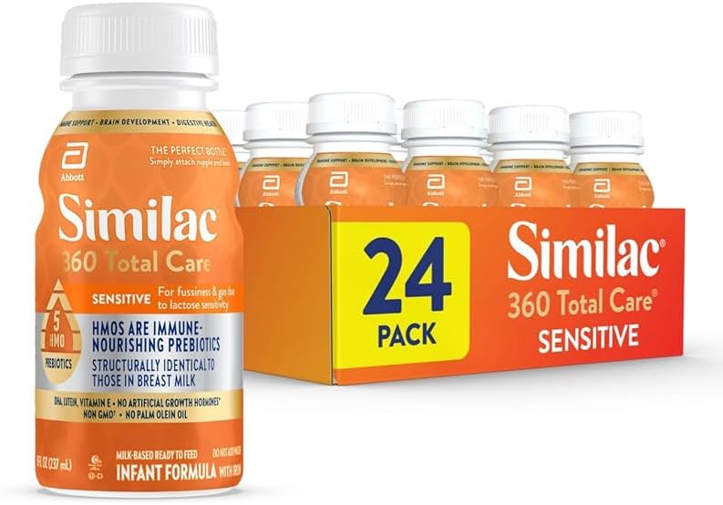 Similac 360 Total Care Sensitive Infant Formula for Fussiness & Gas Due to Lactose Sensitivity, Has 5 HMO Prebiotics, Liquid Baby Formula, Ready to Feed, 8-fl-oz Bottle, Pack of 24 - Product Image