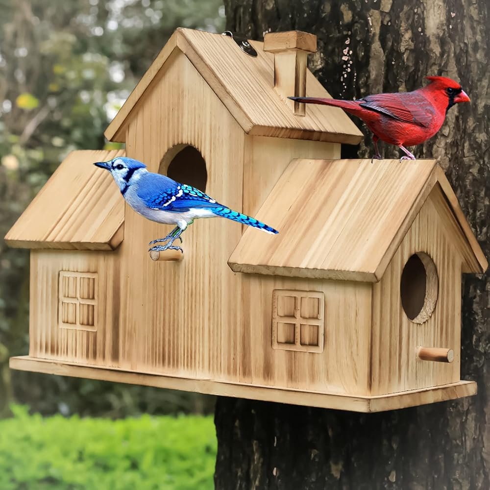 Bird Houses for Outside 3 Hole Bird House Room for 3 Bird Families Outdoor Bluebird Finch Cardinals Wooden Hanging Birdhouse for Garden - Product Image