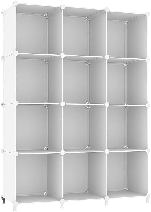 AWTATOS Cube Storage Organizer Storage 12 Cube Bookshelf DIY Plastic Closet Clothes Storage Shelves with Wooden Mallet, Stackable Storage Solution for Home, Bedroom, White - Product Image