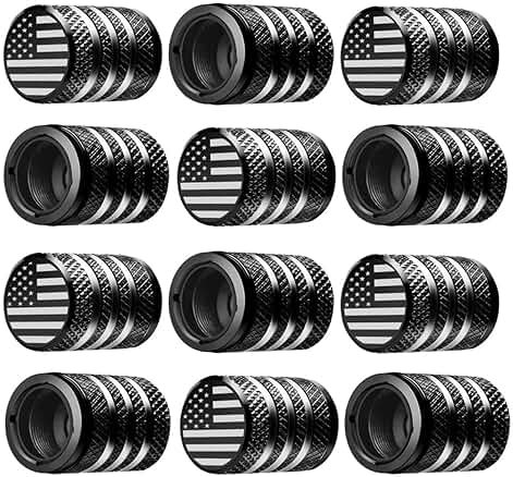 Tire Valve Stem Cap Cover - (12 Pack) Tire Air Cap Metal with Plastic Liner Corrosion Resistant Leak-Proof American Flag for Car Truck Motorcycle Bike Black - Product Image