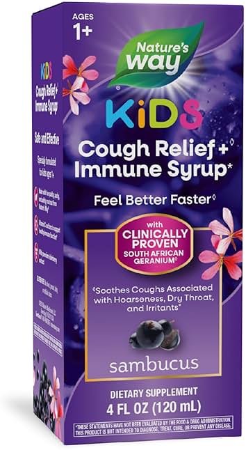 Nature's Way Sambucus Kids Cough Relief +(1) Immune Syrup*, Feel Better Faster(1), Clinically Proven South African Geranium, with Elderberry Extract, Vitamin C & Zinc, Gluten Free, Vegan, 4 Fl Oz - Product Image