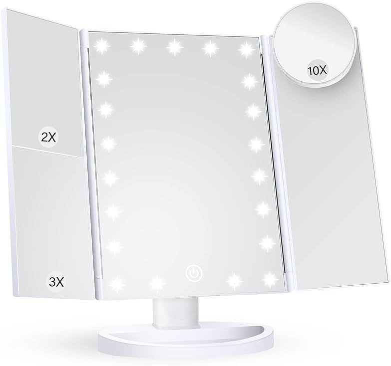HUONUL Makeup Mirror, Vanity Mirror with Lights, 2X/3X/10X Magnification, Touch Control, Trifold, Dual Power Supply, Birthday Gifts for Women, Wife, Mom, Girls,Dorm Room Essentials - Product Image