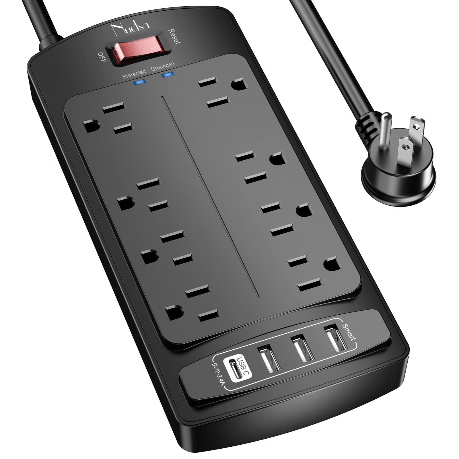 Surge Protector Power Strip - Nuetsa Flat Plug Extension Cord with 8 Outlets and 4 USB Ports, 6 Feet Power Cord, 2700 Joules, ETL Listed, Black - Product Image