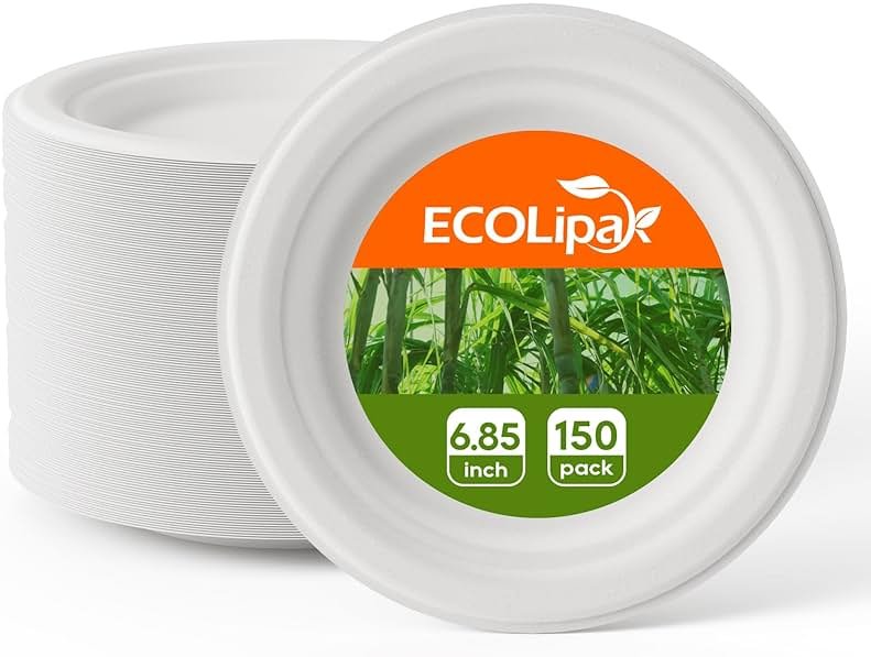 ECOLipak 6.85 Inch Compostable Dessert Paper Plates, 150 Pack Disposable Biodegradable Heavy Duty Eco-friendly Sugarcane Bagasse Halloween Plates for Party - Product Image