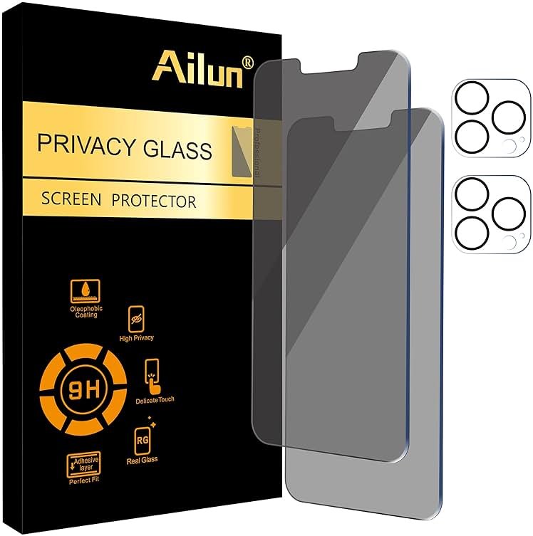 Ailun 2Pack Privacy Screen Protector for iPhone 13 Pro Max [6.7 inch] + 2 Pack Camera Lens Protector, Anti Spy Private Tempered Glass Film, [9H Hardness] - HD - Product Image