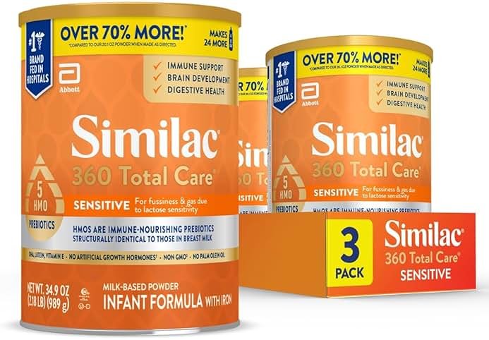 Similac 360 Total Care Sensitive Infant Formula for Fussiness & Gas Due to Lactose Sensitivity, Has 5 HMO Prebiotics, Baby Formula Powder, 34.9-oz Value Can, Pack of 3 - Product Image