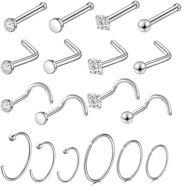 Surgical Steel Nose Piercing Jewelry - 20G & 18G Nose Rings & Studs, Hoops 8mm-12mm, CZ Diamond 1.5mm-3mm, L-Shaped & Hoop Styles for Women & Men - Product Image