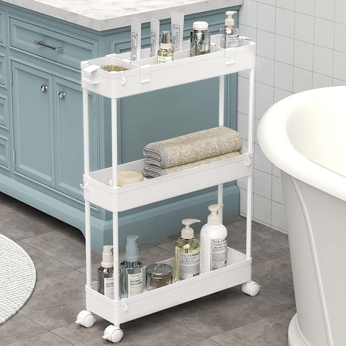 SPACELEAD Slim Storage Cart 3 Tier,Bathroom Organizer Rolling Utility, Mobile Shelving Unit Slide Out for Office, Kitchen, Laundry Room & Narrow Places,White - Product Image