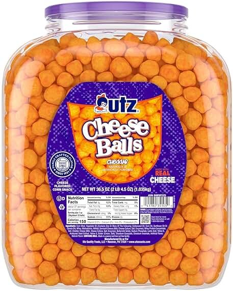 Utz Cheese Balls Barrel, Tasty Snack Baked with Real Cheddar Cheese, Delightfully Poppable Party Snack, Gluten, Cholesterol and Trans-Fat Free, Kosher Certified, 36.5 Oz - Product Image