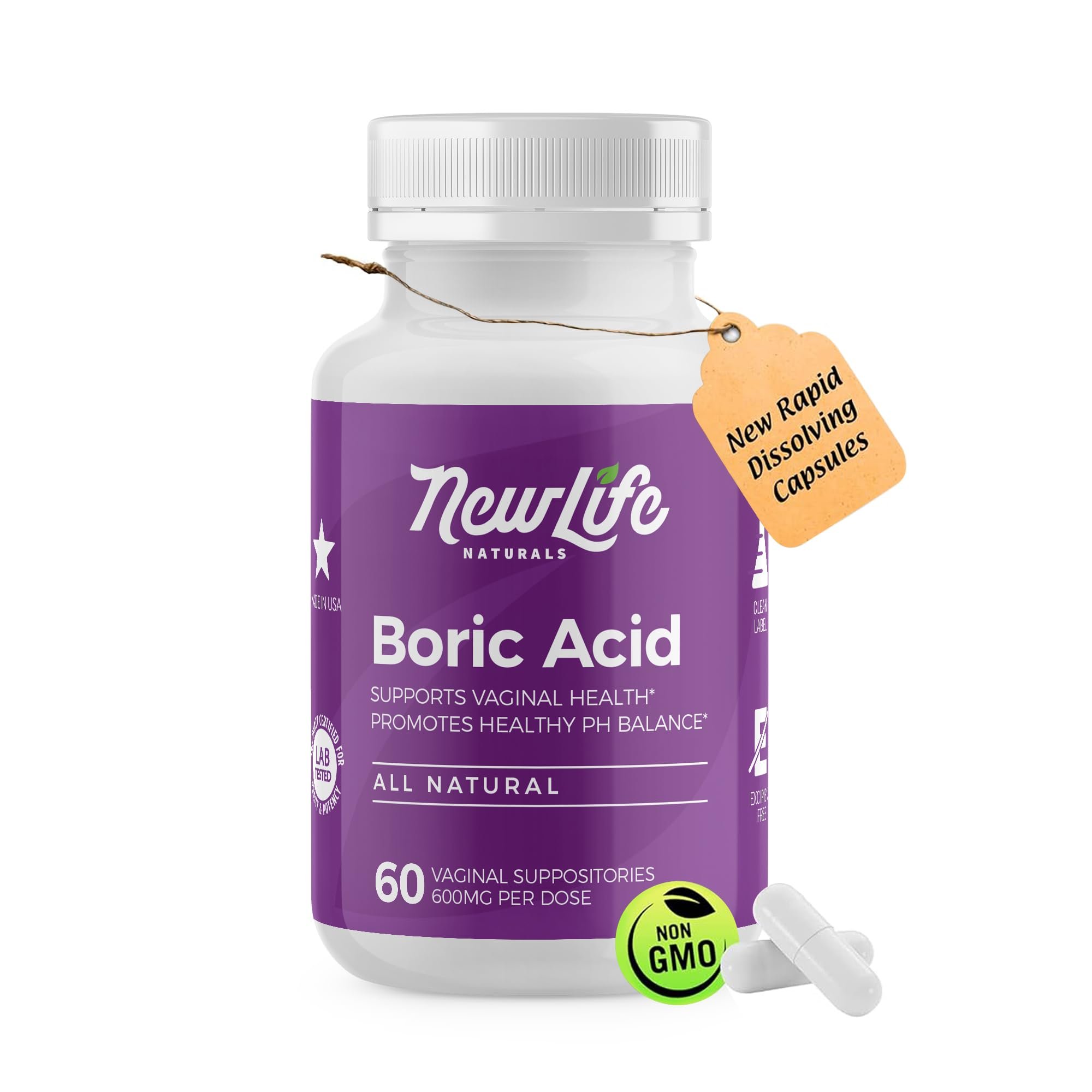 NewLife Naturals Boric Acid Suppositories for Women – 600mg NF Grade Boric Acid Powder, Vaginal Odor & pH Balance, Vaginal Suppositories, Made in USA, 60 Count - Product Image