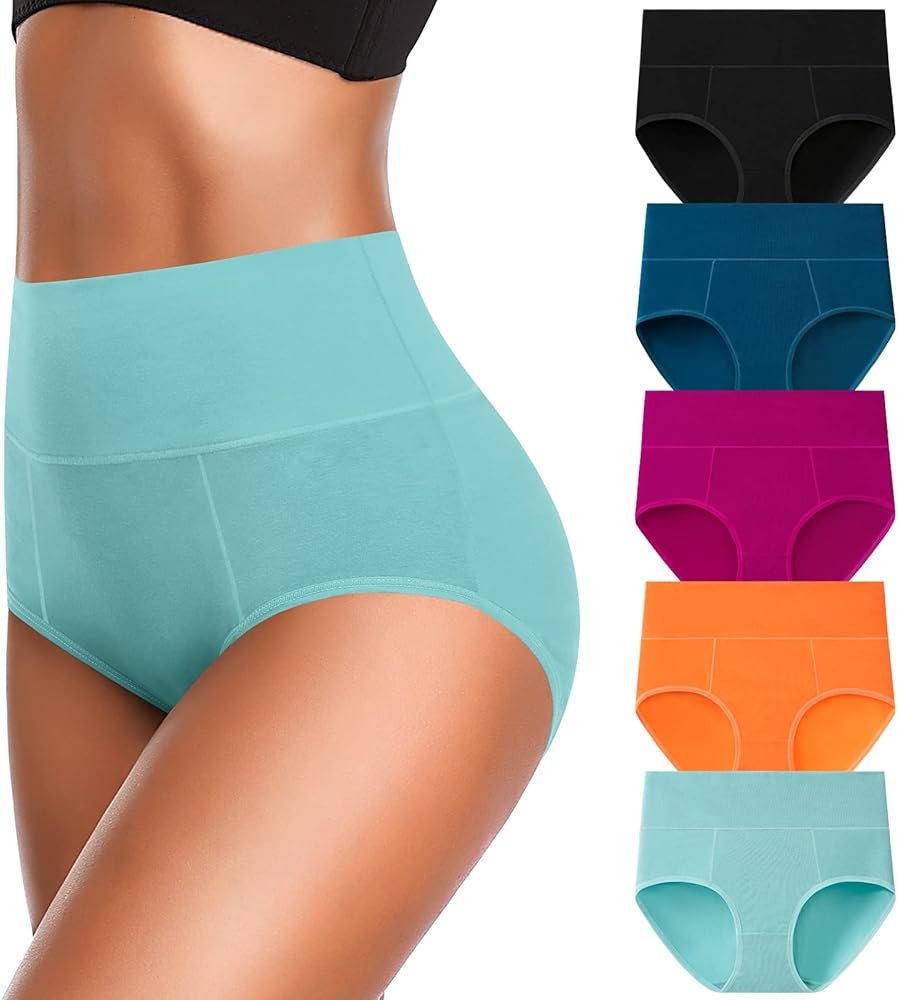OLIKEME Cotton Underwear High Waisted Panties Full Coverage Underpants Soft Strech Ladies Briefs for Women Multi Pack - Product Image