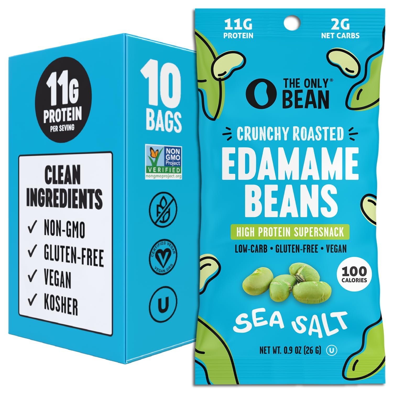 The Only Bean Crunchy Dry Roasted Edamame Snacks (Sea Salt), Healthy High Protein(11g) Keto Food, Low Carb Gluten Free Office Vegan Food 100 Calorie Snack Pack, 0.9oz 10 Pack - Product Image