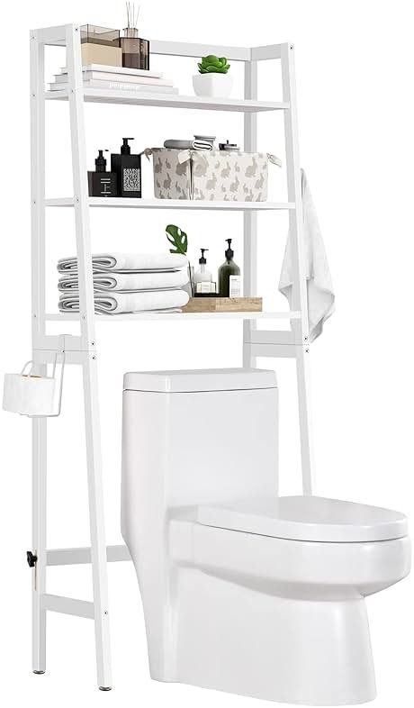 MallKing Over The Toilet Storage, Wooden 3-Tier Over-The-Toilet Rack Bathroom Space Saver Organizer, Freestanding Above Toilet with Toilet Paper Holder and Hooks (White) - Product Image