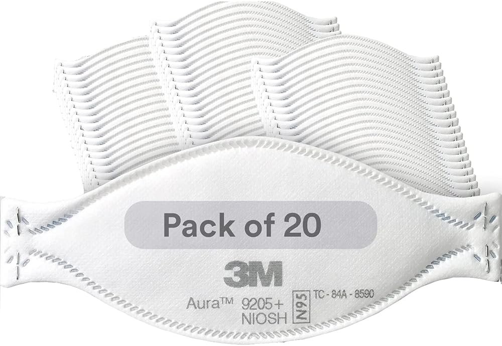 3M Aura Particulate Respirator 9205+, N95, Pack of 20 Disposable Respirators, Individually Wrapped, 3 Panel Flat Fold Design Allows for Facial Movements, Comfortable, NIOSH Approved, Smoke - Product Image