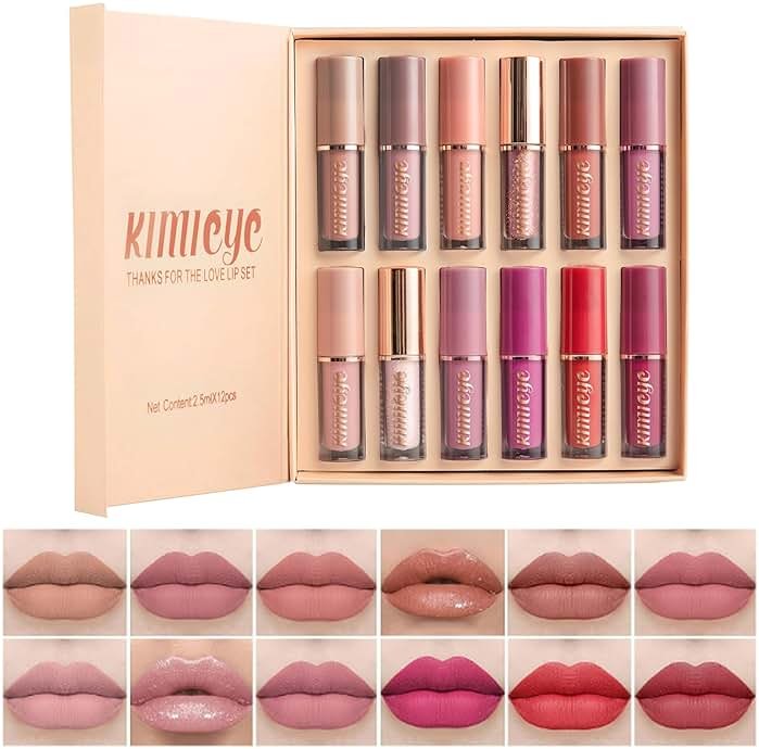 KIMIEYE 12Pcs Velvet Matte Liquid Lipstick Set, Waterproof Long Lasting Quick-drying Non-Stick Cup Nude Lip Stain Kit, Up to 24H Wear, Professional Lip Makeup Gift Kit for Women (SET A) - Product Image