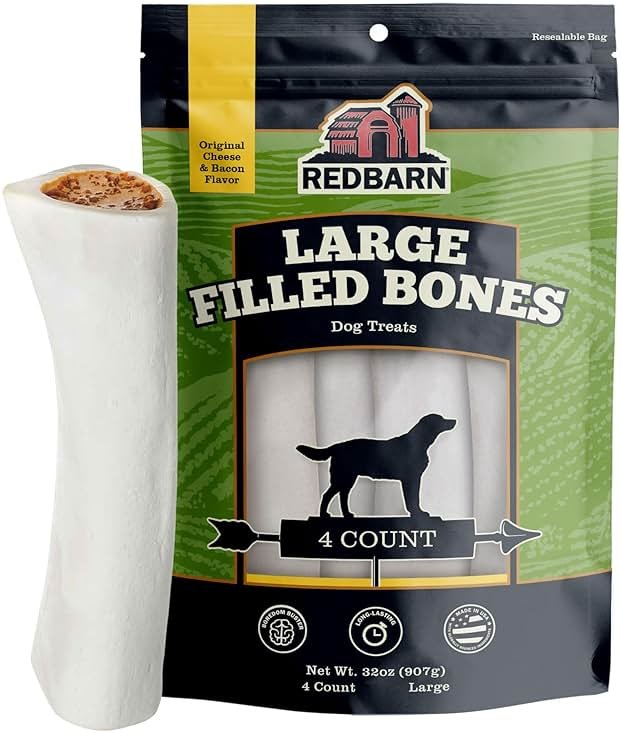Redbarn Pet Products Large Filled Dog Bones, Cheese & Bacon Flavor - Long Lasting Stuffed Femur Chew Treat Made in USA - 4 Count - Packaging May Vary - Product Image