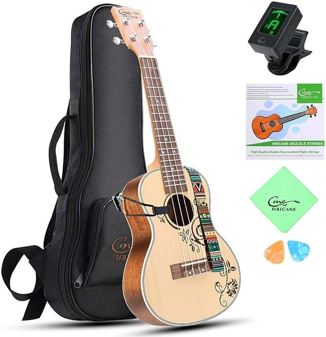 Hricane Concert Ukulele 23 Inch Spruce Flower Top Sapele Professional Ukuleles for Beginners with Bag, Digital Tuner, Strap, 4 Strings Set, Pick, Cleaning Cloth - Product Image