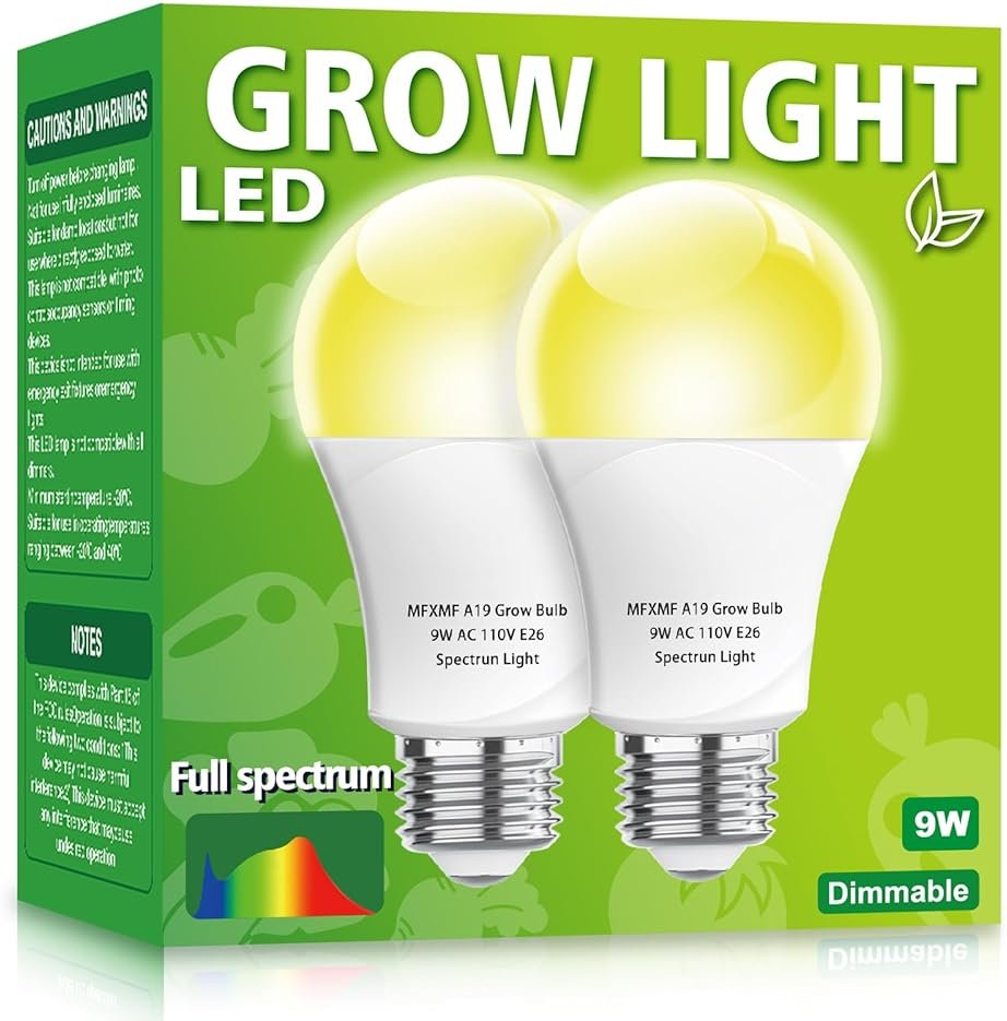mfxmf 2 Pack LED Grow Light Bulbs A19 Bulb, Full Spectrum Plant Light Bulb, 9W E26 Grow Bulb Replace up to 80W, Grow Light for Indoor Plants, Flowers, Greenhouse, Indore Garden, Hydroponic - Product Image