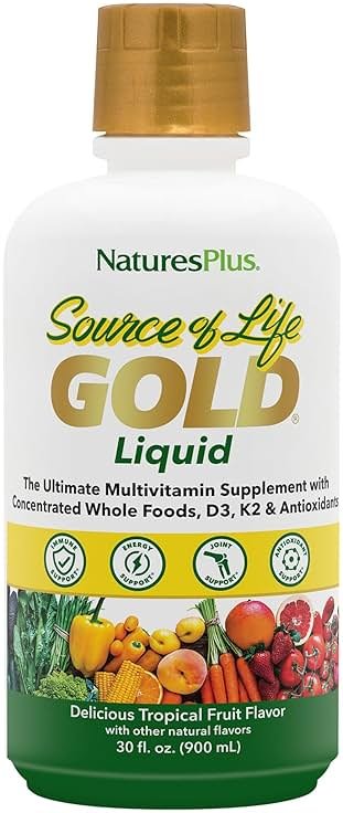 NaturesPlus Source of Life GOLD Multivitamin Liquid 30 oz - Supports Energy Production, Healthy Immune System & Well-Being - Includes Vitamins D3, B12, K2 & Over 120 Whole Food Nutrients - 30 Servings - Product Image