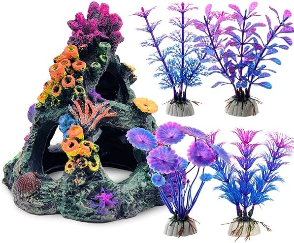 GSD Aquarium Colorful Coral Reef Set Fish Tank Decoration Mountain Ornament for Aquarium Environments Decor Accessories, Coral Mountain x 1, Aquatic Plant x 4 - Product Image