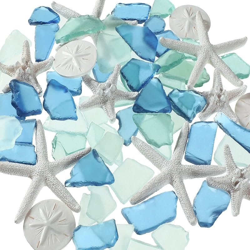 Blulu 5.3 oz Sea Glass Decor for Crafts Frosted Blue Seaglass Pieces and 12 Pcs Resin Assorted Starfish Sand Dollar Ornament Beach Starfish for Beach Wedding Party Decor Home DIY Craft - Product Image