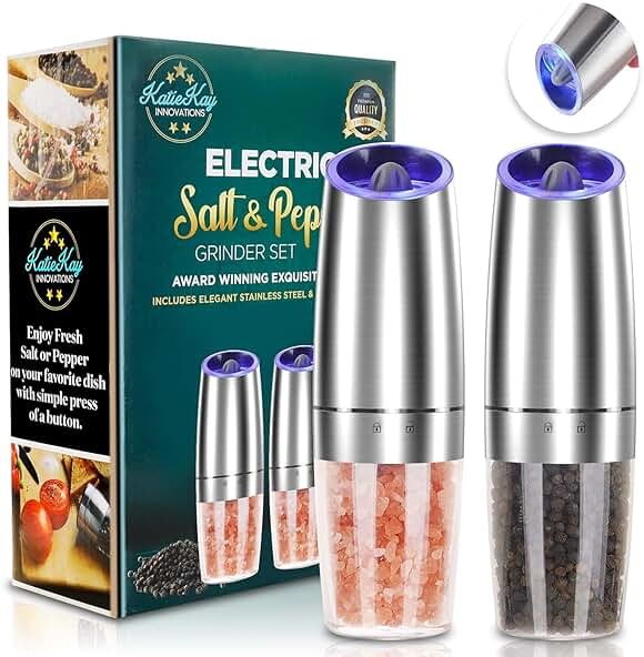 Electric Salt and Pepper Grinder set of 2, Automatic Salt and Pepper Mill Grinder, Adjustable Roughness, Battery Powered with Blue LED Light, Stainless Steel with One Hand Operation (Sliver) - Product Image