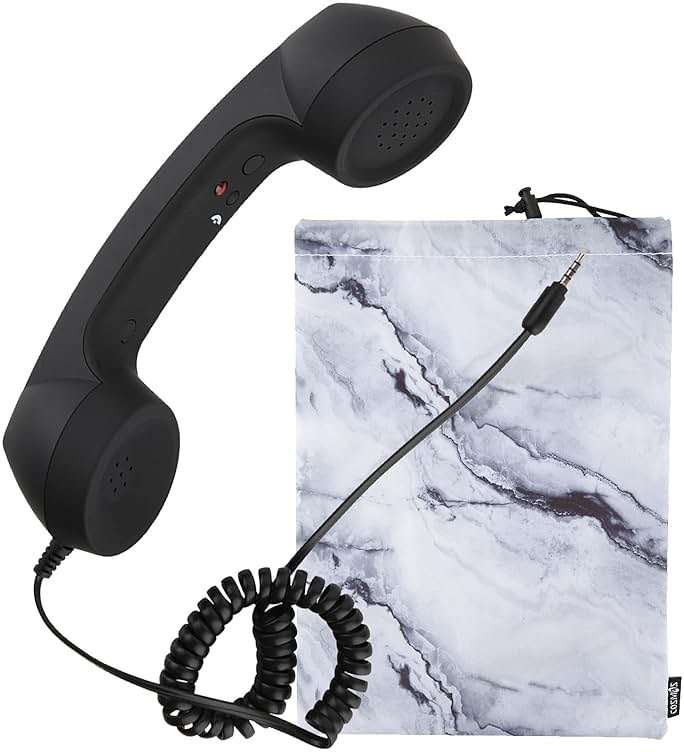 Cosmos Retro Handset Cell Phone Receiver MIC Microphone Speaker for Smartphone Cellphone with 3.5 mm Socket, Black Color with Marble Pattern Carrying Bag - Product Image