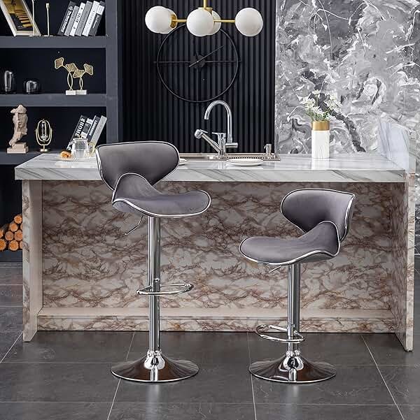 Roundhill Furniture Masaccio Velvet Upholstered Adjustable Swivel Barstool, Set of 2, Gray - Product Image