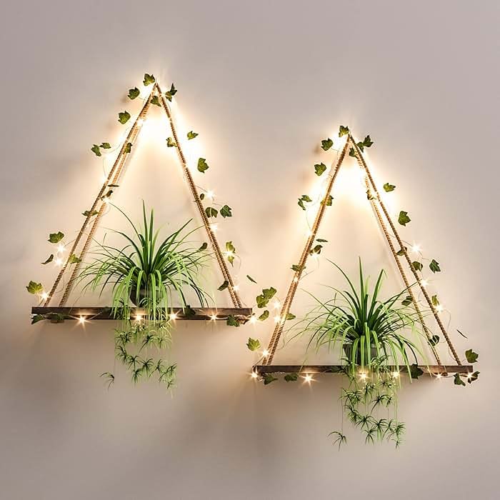 RICHER HOUSE Macrame Floating Shelves for Wall No Drilling, Boho Hanging Shelf with Artificial Ivy and LED Lights, Plant Wall Decor for Living Room Bedroom Dorm - Product Image