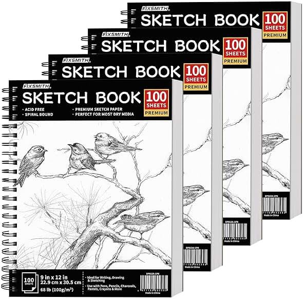 FIXSMITH 9"X12" Sketch Book | 400 Sheets (68 lb/100gsm) Sketchbook| 4 Pack (100 Sheets Each) |Acid Free Drawing Paper | Spiral Bound Sketchpad for Beginners,Artists & Professionals | Bright White - Product Image