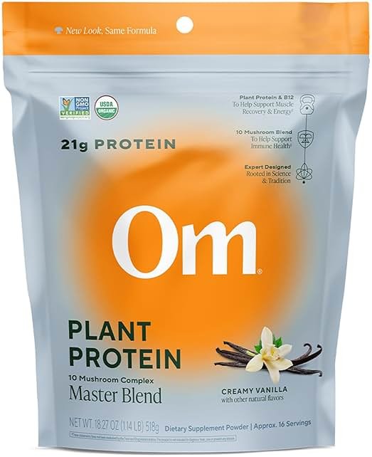OM MUSHROOM SUPERFOOD Master Blend Vegan Protein – Creamy Vanilla Plant Protein with 10 Mushrooms, Ashwagandha, BCAAs & B12 – Energy, Recovery & Immune Support – 1.2 lb (16 Servings) - Product Image